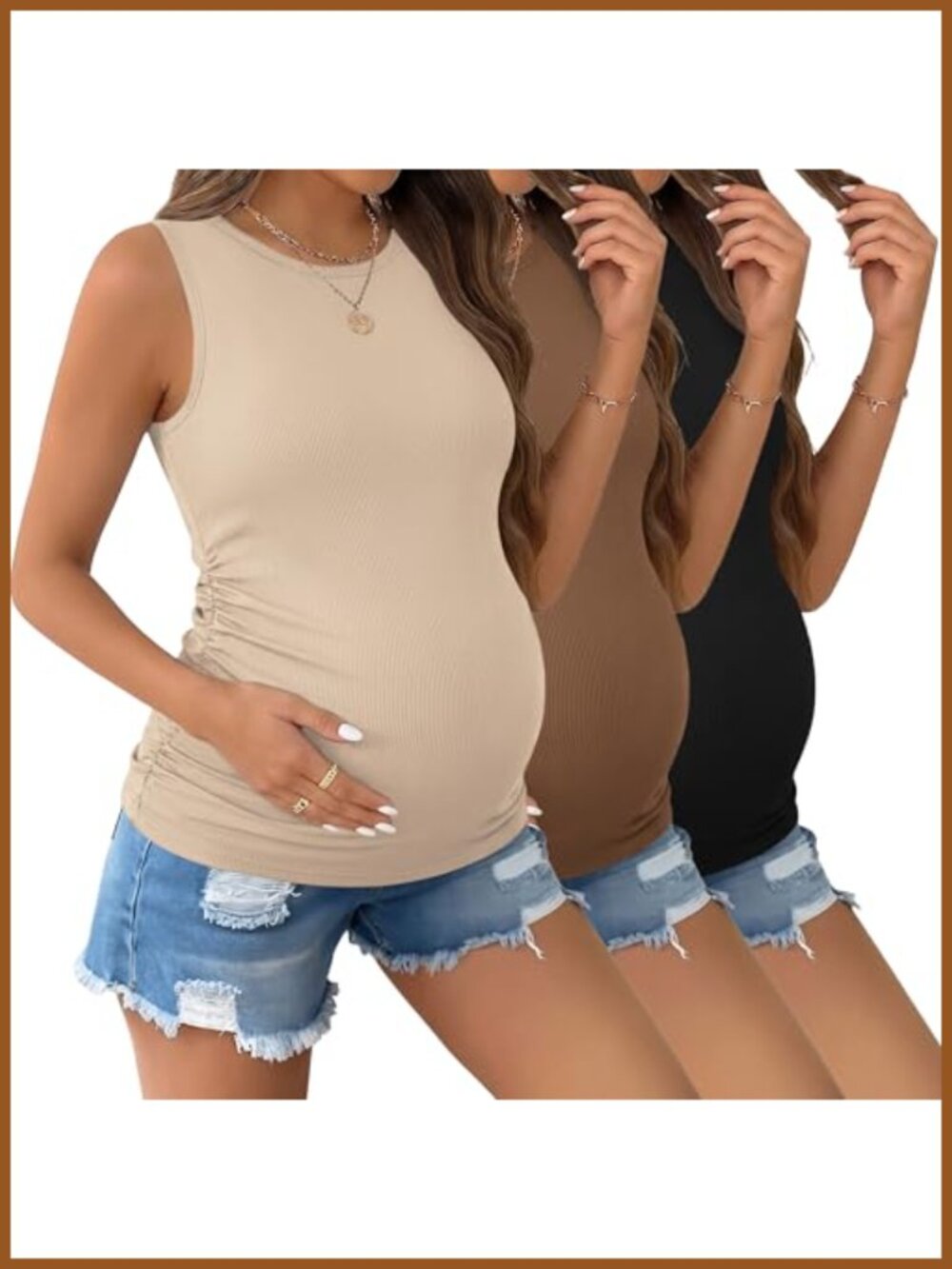 3 Pack Maternity Tank Tops Crew Neck Ribbed Pregnancy Shirts Side Ruched